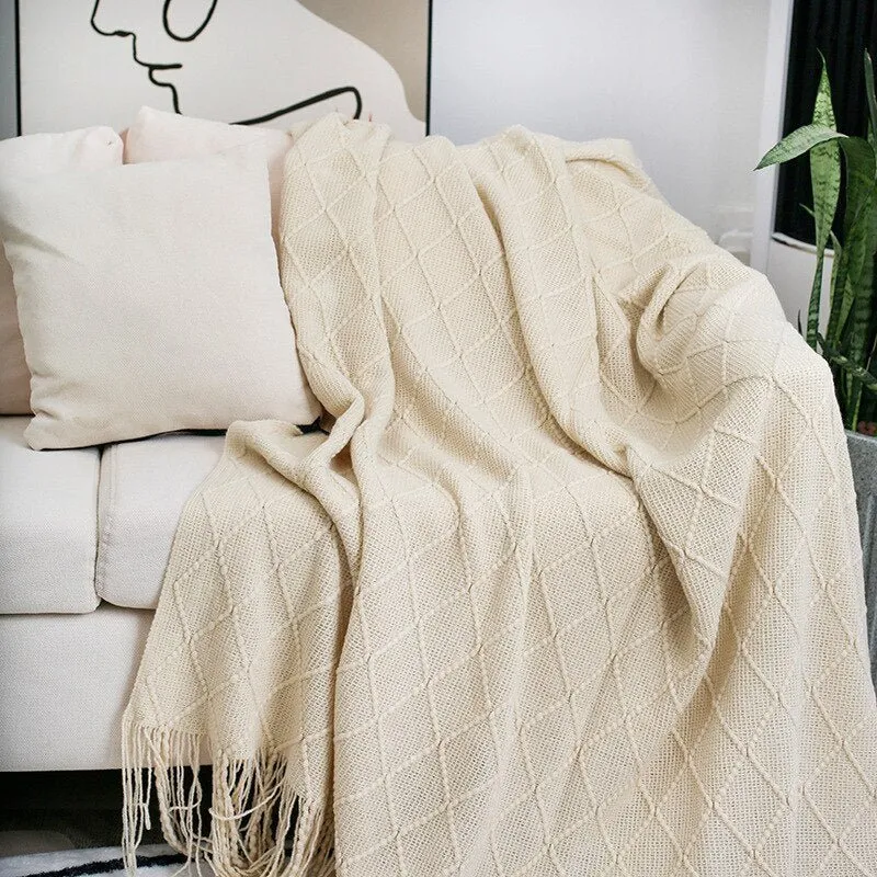 Solid Color Tassel Knitted Sofa Blanket