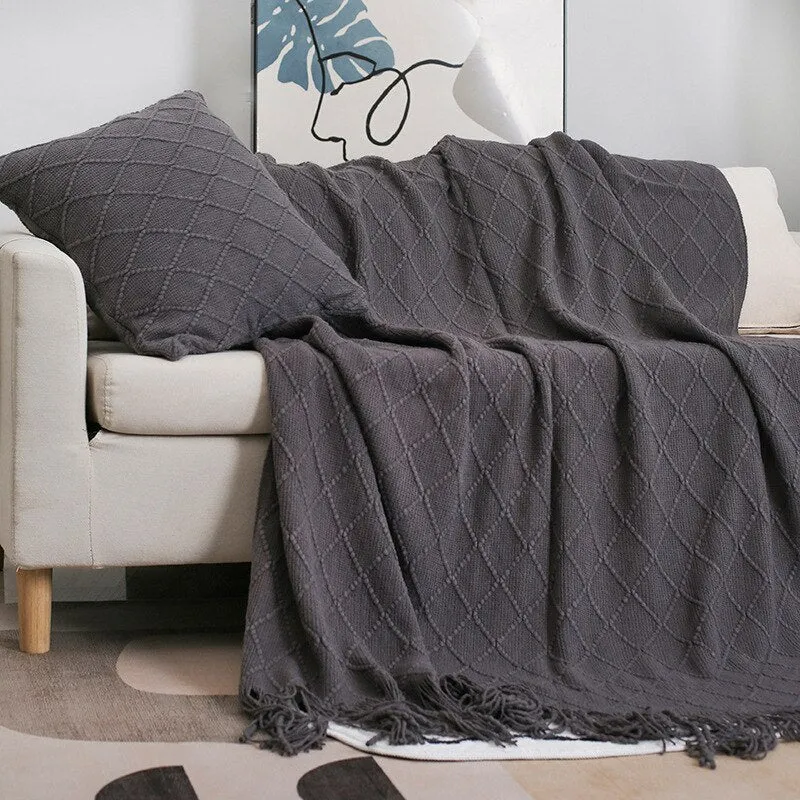 Solid Color Tassel Knitted Sofa Blanket