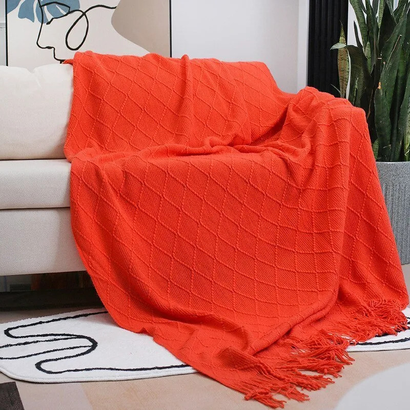 Solid Color Tassel Knitted Sofa Blanket