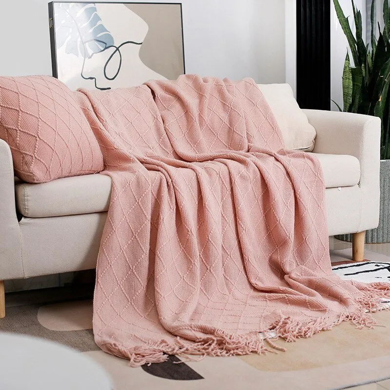 Solid Color Tassel Knitted Sofa Blanket