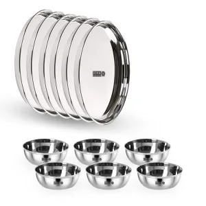 USHA SHRIRAM Stainless Steel Plate Bowl Set (12Pcs)| Blunt Edges, Deep Base | Glossy Finish, Durable, Easy to Clean &Stackable | Steel Plates Katori Set for Lunch, Breakfast, Dinner