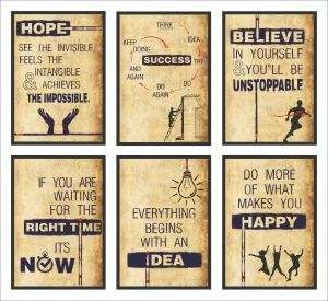 VantageKart Hope, Success, Believe, Time, Idea, Happy Inspirational Motivational Self Adhesive Wall Posters For Home & Office Decor (Paper, 12x18-inch, Brown) - Set of 6