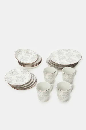 White And Grey Lotus Printed Dinner Set (16 Piece)